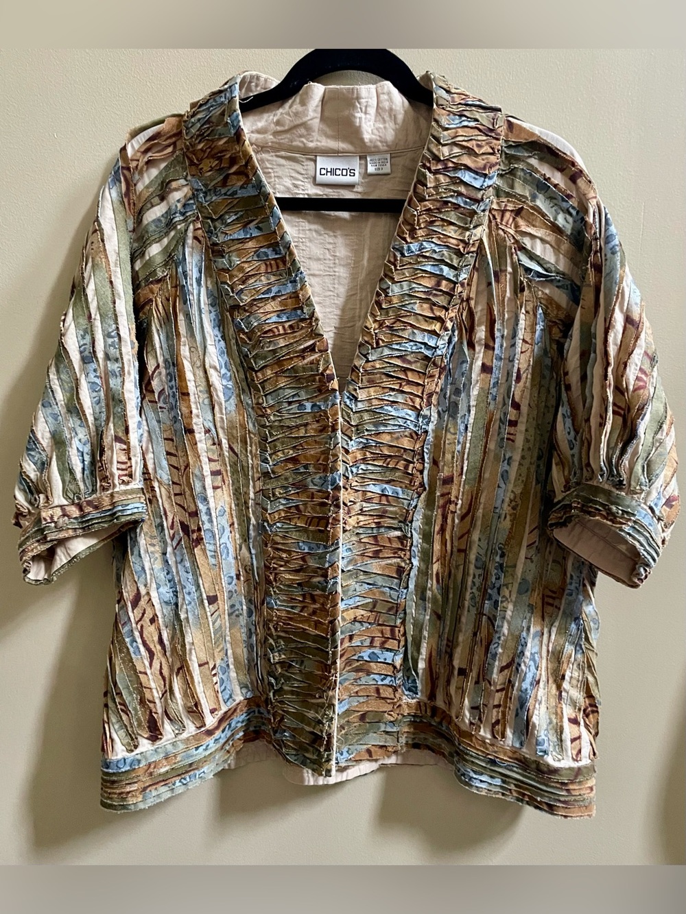 Chico’s Shirred Ribbon Art To Wear Open Front Jacket Textured Topper Size 3 XL